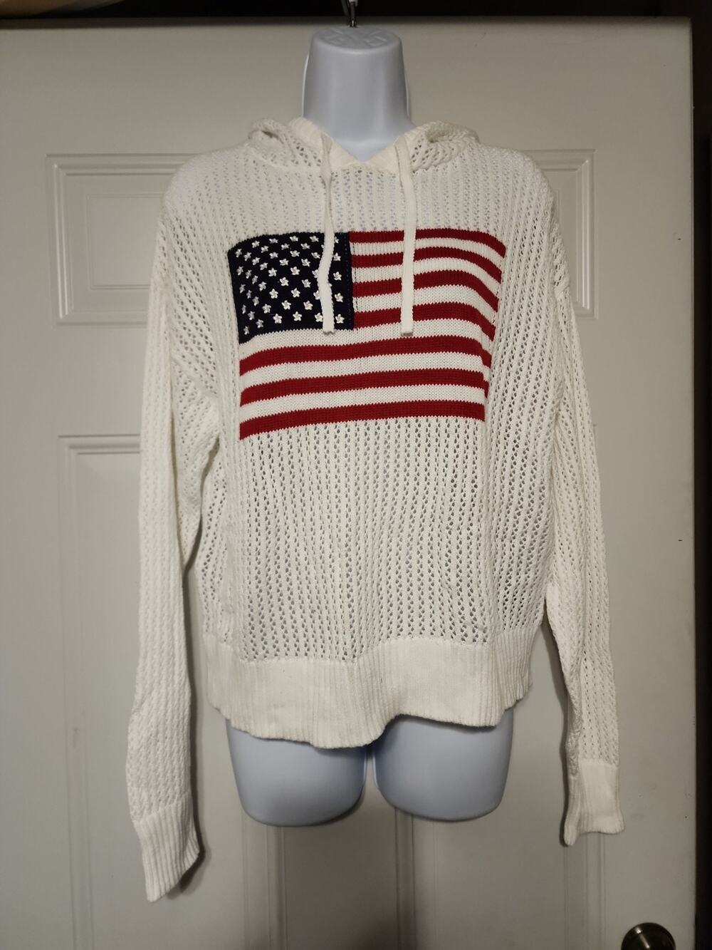 Universal Thread Womens Medium White American Flag Open Knit Hoodie Sweater M